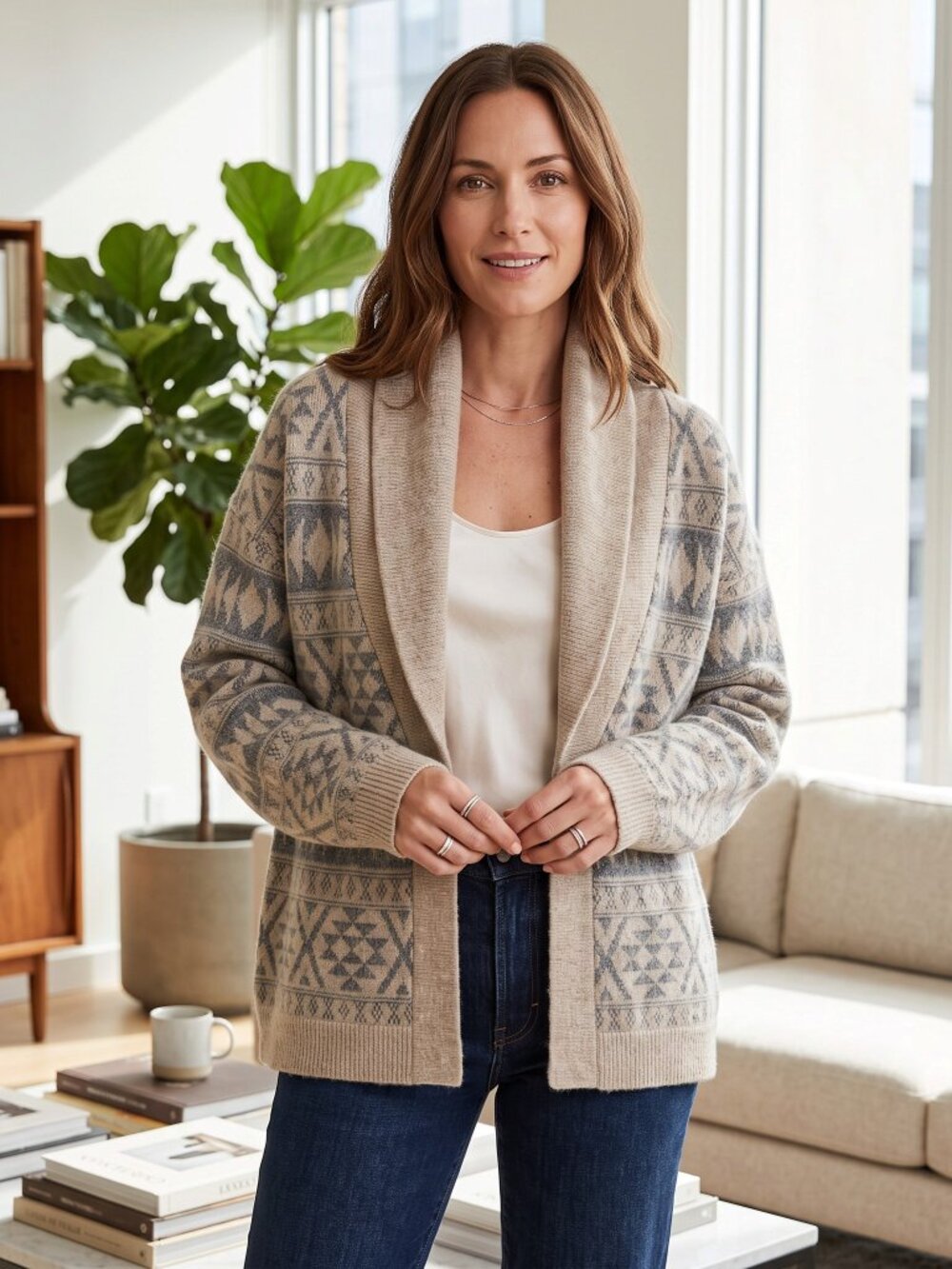 NWT Lucky Brand Fair Isle Shawl Collar Cardigan - Sz XL Grey/Cream $119